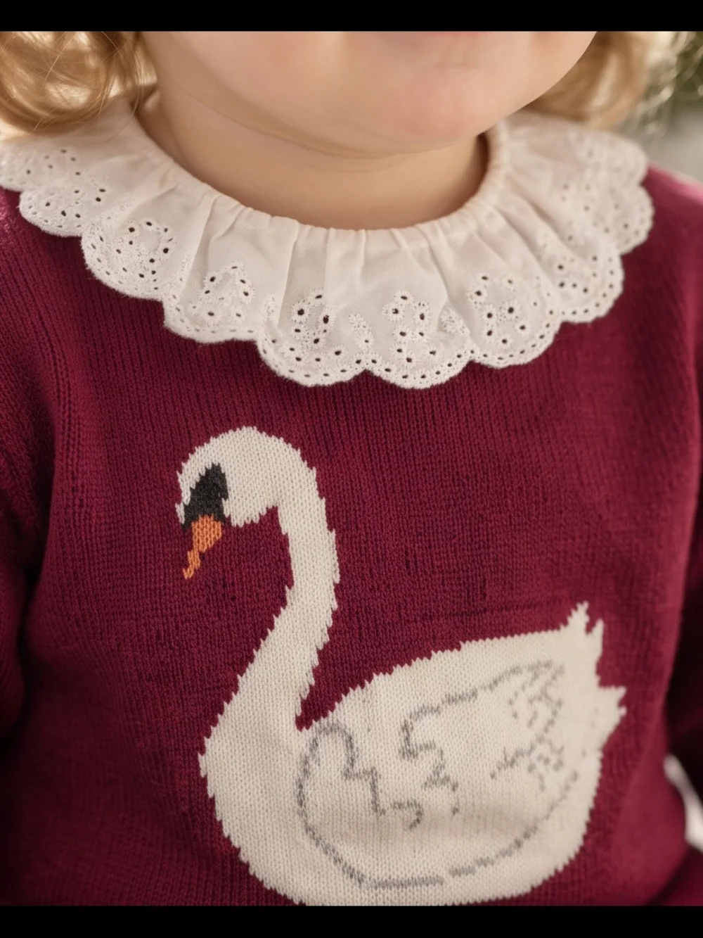 Kids Burgundy Swan Knit Set with White Collar